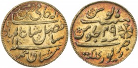 BENGAL PRESIDENCY: AV private mohur (8.75g), "Zivar Kalkatta", year "49", in the name of Mushtaq Ahmad, probably mid to late 19th century jeweler's im...