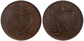 BOMBAY PRESIDENCY: AE ½ pice, [Soho mint], 1791, Stv-8.42, Prid-136. KM-192, delicate long pivot, with privy mark below the pivot (reverse II), ANACS ...