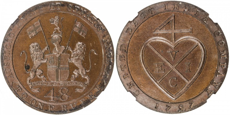 MADRAS PRESIDENCY: AE 1/48 rupee, 1797, KM-398, East India Company issue, NGC gr...