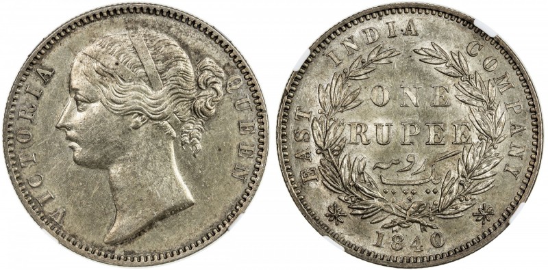 BRITISH INDIA: Victoria, Queen, 1837-1876, AR rupee, 1840(m), S&W-3.37, East Ind...