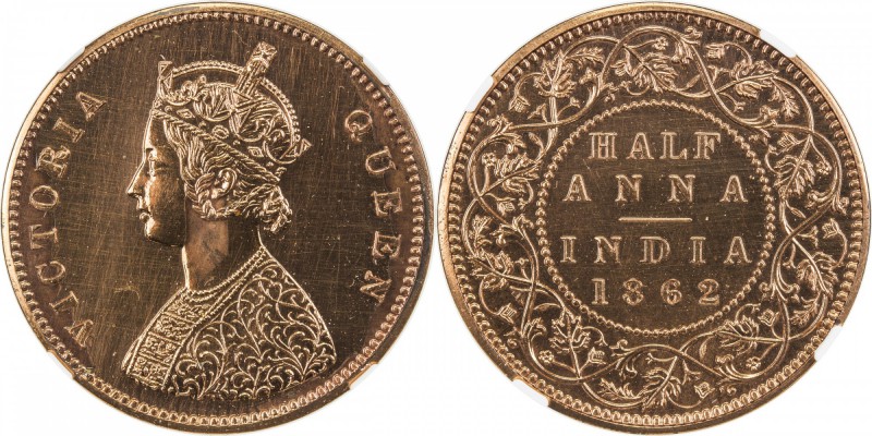 BRITISH INDIA: Victoria, Queen, 1837-1876, AE ½ anna, 1862(c), KM-468, restrike,...
