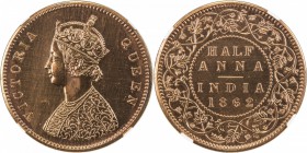 BRITISH INDIA: Victoria, Queen, 1837-1876, AE ½ anna, 1862(c), KM-468, restrike, NGC graded PF64 RD.