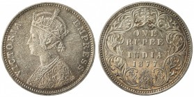 BRITISH INDIA: Victoria, Empress, 1876-1901, AR rupee, 1877(b), KM-492, S&W-6.35, dot below date, with additional dot between N and E of ONE, UNC.
