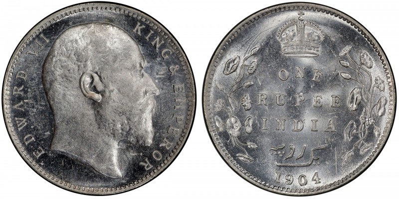 BRITISH INDIA: Edward VII, 1901-1910, AR rupee, 1904(B), KM-508, S&W-7.25, Pridm...