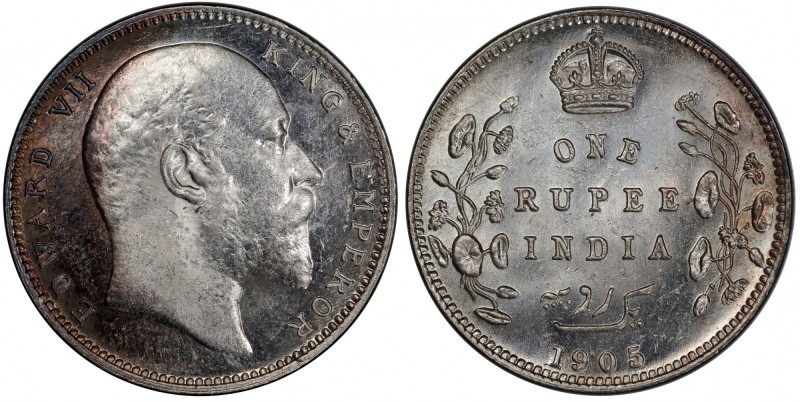 BRITISH INDIA: Edward VII, 1901-1910, AR rupee, 1905(B), KM-508, S&W-7.29, Pridm...