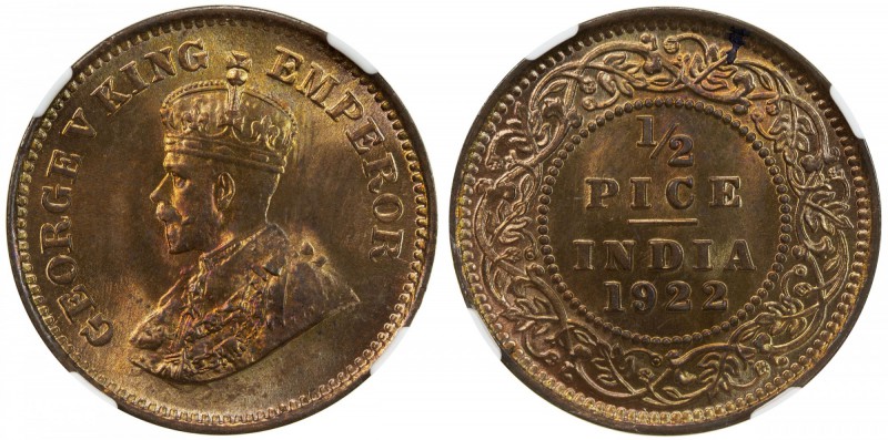 BRITISH INDIA: George V, 1910-1936, AE ½ pice, 1922(c), KM-510, scarce date in m...