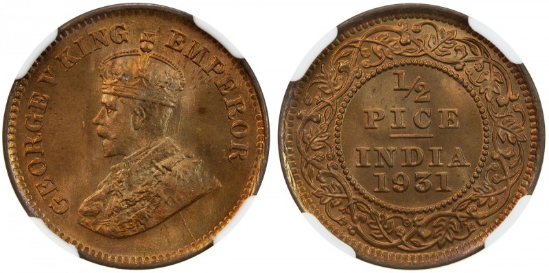 BRITISH INDIA: George V, 1910-1936, AE ½ pice, 1931(c), KM-510, scarce date in m...