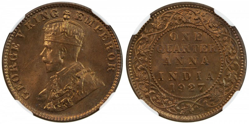 BRITISH INDIA: George V, 1910-1936, AE ¼ anna, 1927(c), KM-512, NGC graded MS65 ...