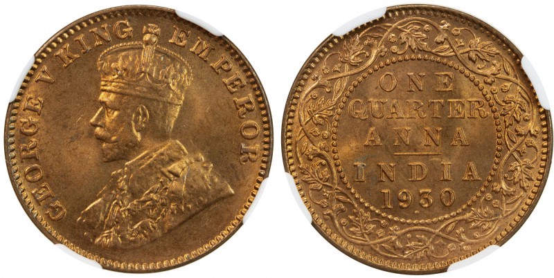 BRITISH INDIA: George V, 1910-1936, AE ¼ anna, 1930(b), KM-512, NGC graded MS65 ...