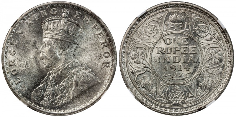 BRITISH INDIA: George V, 1910-1936, AR rupee, 1914(c), KM-524, scarce date in mi...