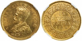BRITISH INDIA: George V, 1910-1936, AV 15 rupees, 1918(b), KM-525, S&W-8.1, a lovely lustrous example, NGC graded MS63.