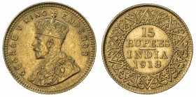 BRITISH INDIA: George V, 1910-1936, AV 15 rupees (7.98g), [Calcutta], 1918, KM-525, S&W-8.1, AU.