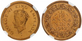 BRITISH INDIA: George VI, 1936-1947, AE 1/12 anna, 1942(b), KM-527, S&W—, long fleur-de-lis (trefoils) in crown, five dots on reverse, proof restrike,...