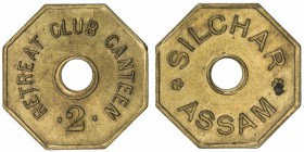 BRITISH INDIA: canteen token (6.83g), ND [ca. 1930], Prid-200, 26mm octagonal brass canteen token for the Retreat Club, Assam, central hole (as made) ...