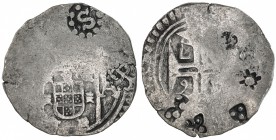GOA: Pedro II, 1683-1706, AR xerafim (10.55g), 16(8)7, KM-77, with interesting schroff marks including an S within a border of dots, Fine.