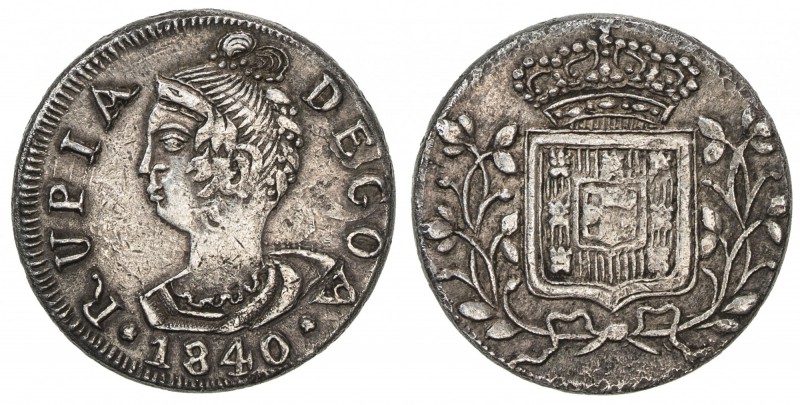 GOA: Maria II, 1834-1853, AR rupia (10.81g), 1840, KM-269, EF.