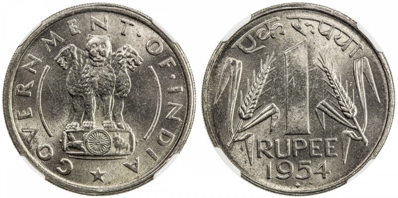 INDIA: Republic, rupee, 1954(b), KM-7.2, NGC graded MS64, ex Sanjay C. Gandhi Co...