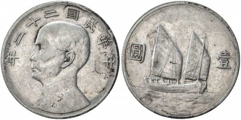 CHINA: Republic, AR dollar, year 22 (1933), Y-345, L&M-109, Sun Yat-sen left // ...