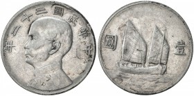 CHINA: Republic, AR dollar, year 22 (1933), Y-345, L&M-109, Sun Yat-sen left // "Chinese junk" type, scarce date, AU.