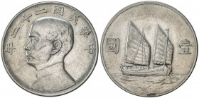 CHINA: Republic, AR dollar, year 22 (1933), Y-345, L&M-109, Sun Yat-sen left // "Chinese junk" type, scarce date, AU-UNC.