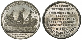 CHINA: white metal medal, 1848, BHM-2322, 27mm, medal by Messers Allen & Moore, "Voyage of the Junk Keying", starboard broadside view of the junk, mai...