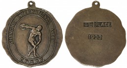 CHINA: AE medal, 1933, 38mm, SHANGHAI INTERNATIONAL MEET / C.N.A.A.F., with discus thrower at center // 4th PLACE / 1933, with loop for hanging, EF. T...