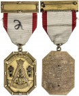 CHINA: Masonic AV medal, 1928, 38mm x 51mm (43.91g including ribbon), 10K gold, PAST WISE MASTER above crowned masonic compass with all-seeing eye ato...
