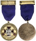 CHINA: Masonic AV medal, 1935, 38mm x 51mm (39.51g including ribbon), 10K gold, PEKING CHINA at top hanger, purple ribbon below, 51mm medal, PAST MAST...
