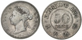 HONG KONG: Victoria, 1841-1901, AR 50 cents, 1894, KM-9, VF.