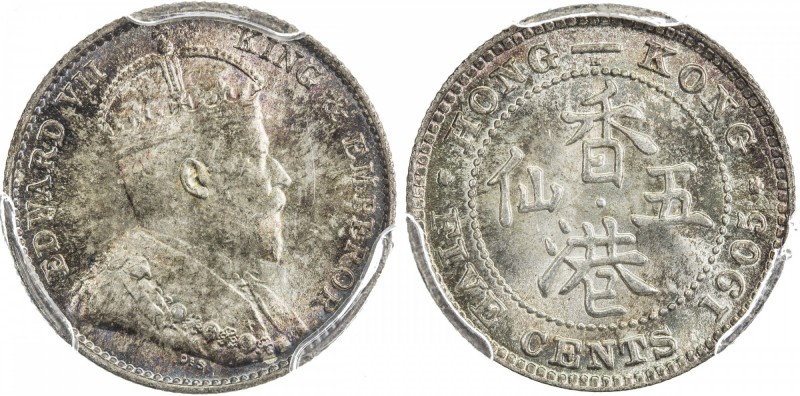 HONG KONG: Edward VII, 1901-1910, AR 5 cents, 1905-H, KM-12, PCGS graded MS66.