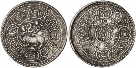 TIBET: AR 5 sho (9.74g), Mekyi mint, BE15-49 (1915), Y-A18, Autonomous Tibetan issue, snow lion looking backwards with sun and three ornaments within ...