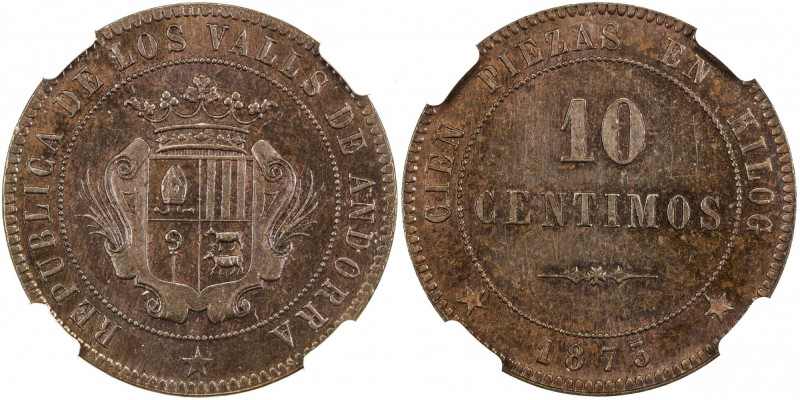 ANDORRA: Republic, AE 10 centimos, 1873, Bruce-X2, REPUBLICA DE LOS VALLS DE AND...