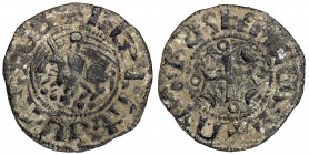 ARMENIA: Baronial, Levon II, 1187-1198, AE pogh (1.69g), Ner-250, horseman left, holding long banner // cross, annulets at the tips of the cross, arcs...