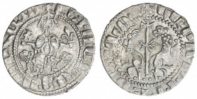 ARMENIA: Levon I, 1198-1219, AR tram (3.01g), Ner-297 var, king seated on throne, holding fleur-de-lys & cross // long cross between two lions, with u...