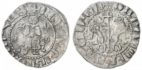 ARMENIA: Levon I, 1198-1219, AR tram (3.05g), Ner-297 var, king seated on throne, holding fleur-de-lys & cross // long cross between two lions, with u...