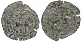 ARMENIA: Post-Roupenian, 13th/14th century, AE unit (1.71g), Ner-510, imitation of a later takvorin (horseman // lion right), with meaningless imitati...