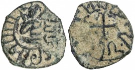 ARMENIA: Hetoum I, 1226-1270, AE kardez (3.15g), Ner-433, countermarked izz al-din in Arabic, the host coin shows the king seated in ornamental fashio...