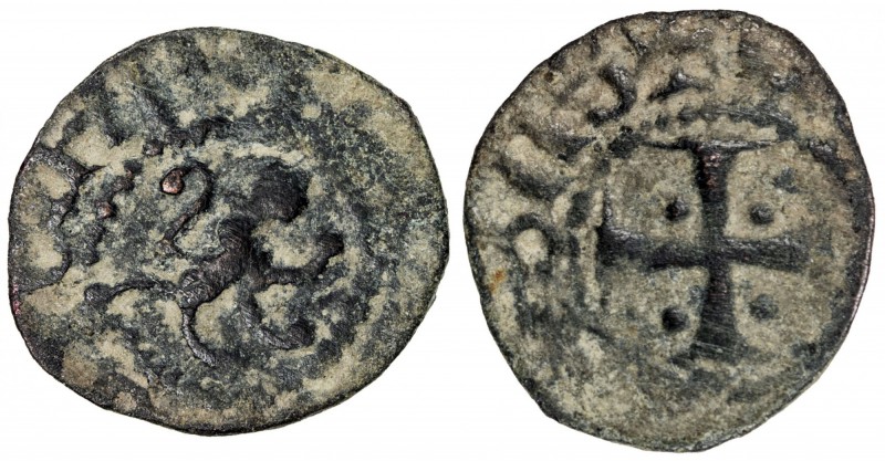 ARMENIA: Levon V, 1374-1375, AE pogh (0.78g), Ner-505/07, lion of Cyprus walking...