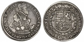AUSTRIA: Ferdinand II, 1564-1595, AR thaler (28.42g), Hall, ND, Dav-8095, 2 minor flan defects at the top of the obverse, attractive VF.