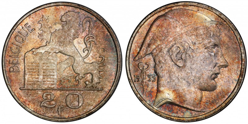 BELGIUM: Baudouin I, 1951-1993, AR 20 francs, 1955, KM-140.1, helmeted head righ...