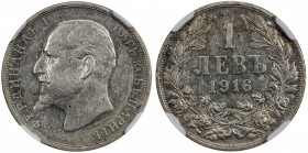 BULGARIA: Ferdinand I, king, 1908-1918, AR lev, 1916, KM-31, NGC graded AU50, RR. Although a large quantity was struck, they were never released into ...