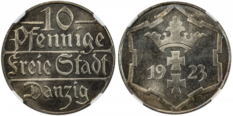 DANZIG: Free City, 10 pfennig, 1923, KM-143, rare in proof, NGC graded Proof 65.