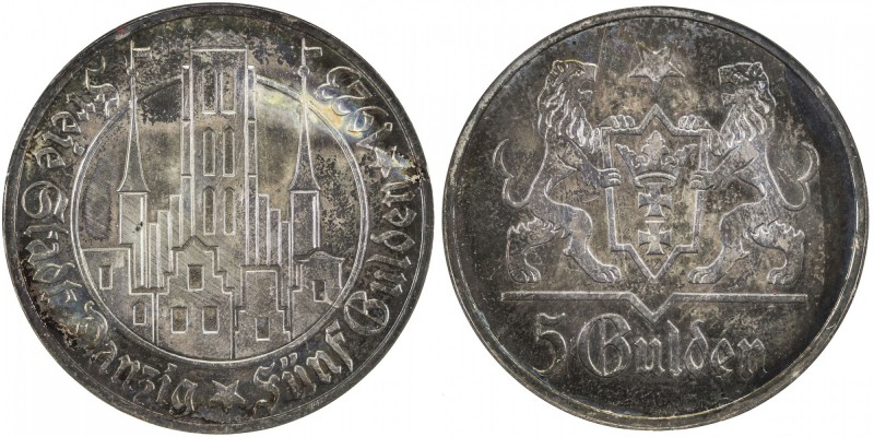 DANZIG: Free City, AR 5 gulden, 1923, KM-147, lovely blue & gold toning, NGC gra...