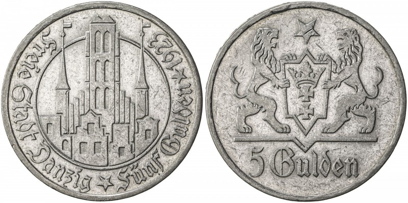 DANZIG: Free City, AR 5 gulden, 1923, KM-147, Marienkirche, tiny reverse rim bum...