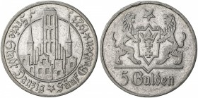 DANZIG: Free City, AR 5 gulden, 1923, KM-147, Marienkirche, tiny reverse rim bump, two-year type, EF.