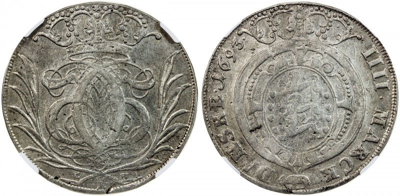 GLÜCKSTADT: Christian V, 1670-1699, AR krone, 1693, Dav-3679, NGC graded AU53. G...