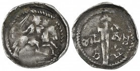 LORRAINE: Ferri III, 1251-1303, AR denier (0.63g), ND, Boudeau-1443v, Flon 295/36, galloping armed horseman to right within beaded circle // sword poi...