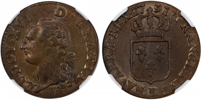 FRANCE: Louis XVI, 1774-1793, AE sol, 1791-K, KM-578.8, a lovely lustrous exampl...
