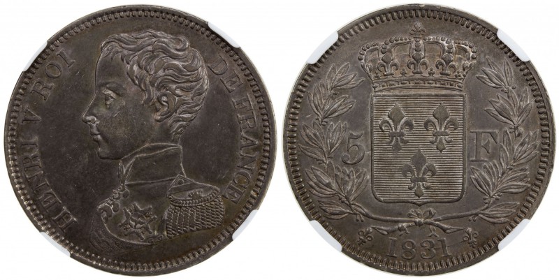 FRANCE: Henry V, Pretender, 1830-1883, AR 5 francs, 1831, Maz-905, Gad-651, a lo...