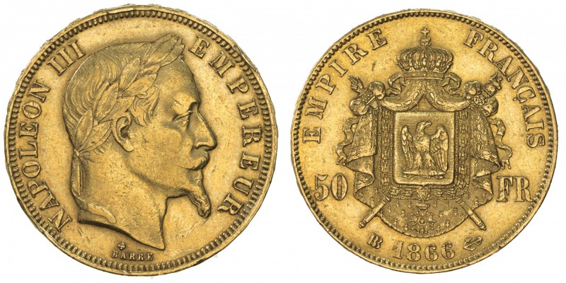 FRANCE: Napoleon III, 1852-1870, AV 50 francs (16.08g), Strasbourg, 1866-BB, KM-...